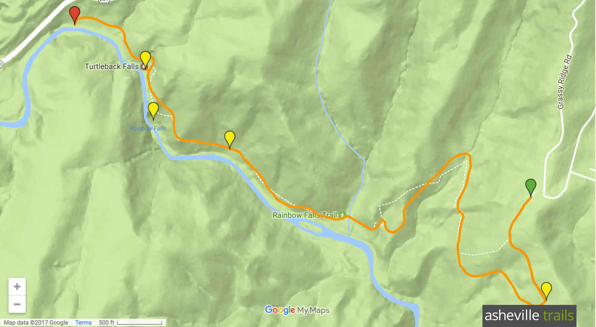 Rainbow Falls NC hiking Gorges - Rainbow Falls Trail Map@2x
